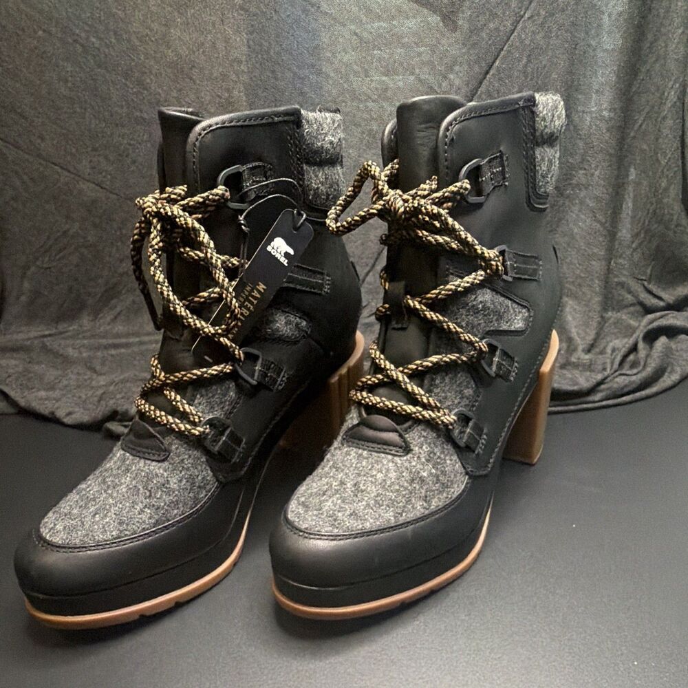 Women’s Sorel Blake Lace-Up Ankle Leather Bootie Round Toe Black/Gray US 10